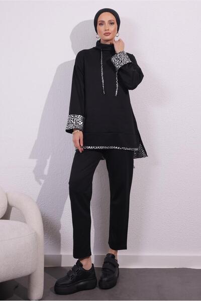 TRENDTESETTÜR KADIN SİYAH İKİ İPLİK PANTOLONLU TAKIM T 3054