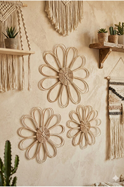 JUST BEST Rattan Bohem 3'lü Duvar Dekoru Seti - El Yapımı Bohem Hasır Duvar Süsü - İskandinav Salon Dekoru