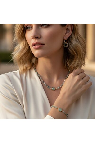 Zokak Sertifikalı %100 Gerçek Prehnit taşı set, 3'lü Takı Seti - Altın renk l...