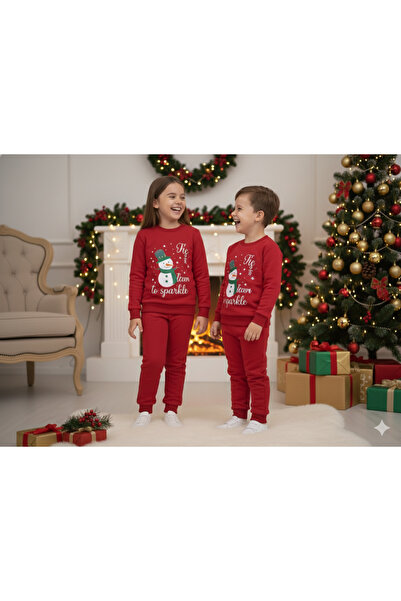 GenelTedarik Kırmızı Yılbaşı Konseptli Çocuk Eşofman Takımı - %100 Pamuk 2'li...