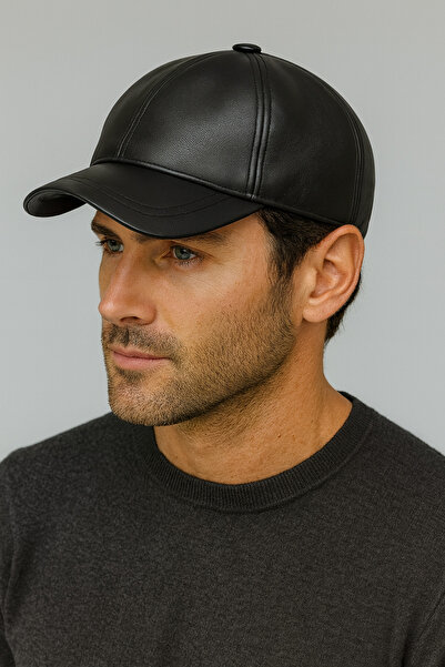 Rupen Kraft %100 Hakiki Deri Türk Malı Spor Şapka Siyah Deri Şapka Deri Kaske...