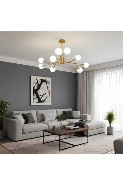BAB Modern Golden LED Chandelier with Nine White Glass Balls