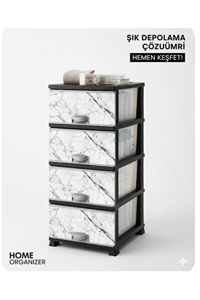 LeesHome Büyük Boy Desenli Beyaz mermer Plastik Çekmeceli 4 Katlı Sebzelik Ko...