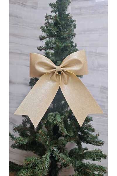 asöy Panglică mare cu fundă Eva aurie 34x38 cm, cu sclipici strălucitor, ornament pentru ușă cu tematică de Crăciun, ornament pentru brad