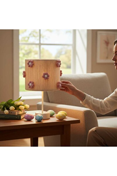 C&A&B KUZEY AVİZE غطاء مصباح غرفة الأطفال والبنات من EKRU MAKROME مصنوع من خيوط أسطوانية مع زهرة وردية وكرات زينة