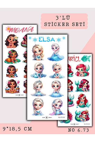 Else Craft 3'lü Moana Elsa ve Ariel Prensesler Temalı Sticker 6.73 - Ajanda P...