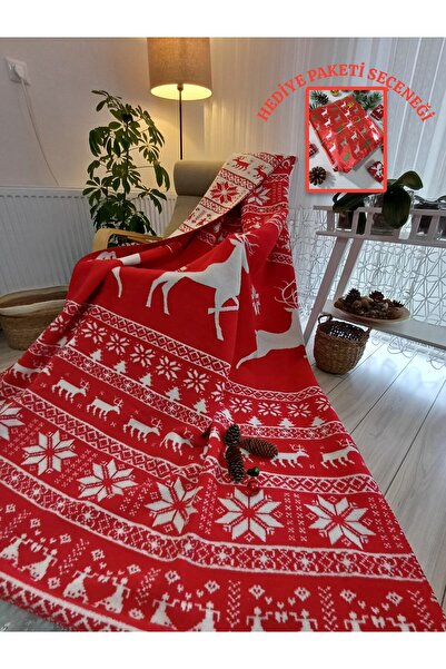 stay with love Yılbaşı Battaniyesi Kırmızı -Beyaz Tek Kişilik Pamuklu Battani...