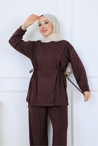 Zeyrek's طقم نسائي من قماش المودال باللون البني مكون من قطعتين طقم أنيق