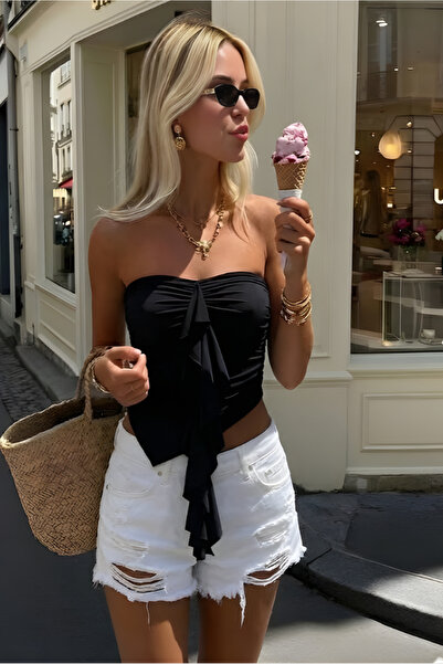 World Fashion Trends Μαύρο Crop με λεπτομέρεια στράπλες βολάν