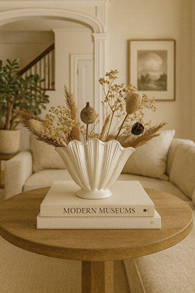 Zigzag Home Vasă decorativă din sidef alb în stil boem, strălucitoare, cu formă de stridii, mărime medie 17*20