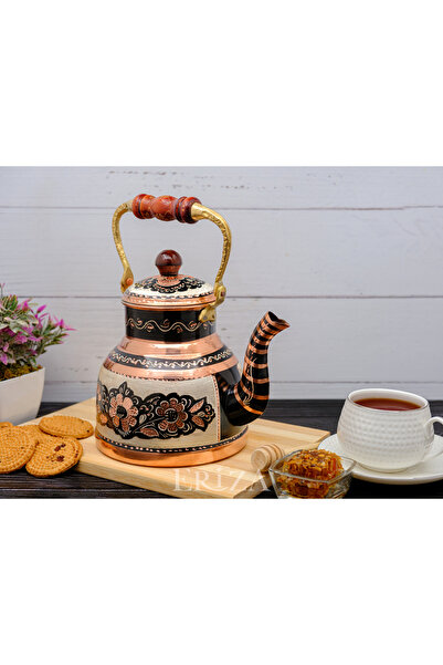 ERİZA إبريق شاي كبير من النحاس المعلب بحجم 1.7 لتر مطرز يدويًا، إبريق شاي، غلاية