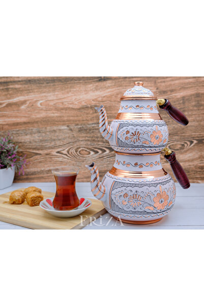 ERİZA إبريق شاي من النحاس السميك المعلب بسعة 2.85 لتر، طقم إبريق شاي، طقم