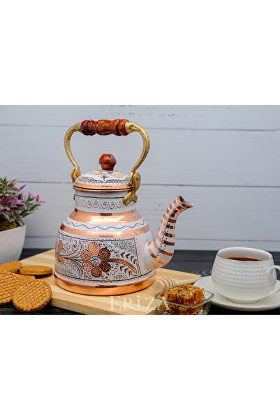 ERİZA 1,7 Litre El Işlemeli Nostaljik Tekli Kalaylı Bakır Büyük Demlik, Çayda...