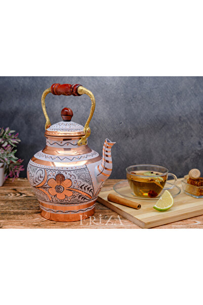 ERİZA 1.9 Liter Hand Embroidered Nostalgic Single Pewter Copper Teapot, Teapot, Kettle