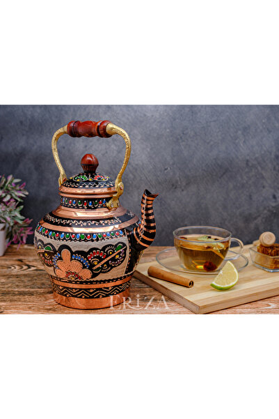 ERİZA 1,9 Litre El Işlemeli Nostaljik Tekli Kalaylı Bakır Demlik, Çaydanlık, ...