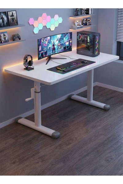 ESMART Large Height-Adjustable Gaming Desk with Steel Legs, Computer Table, White -100L x 60W x (63-90)H cm