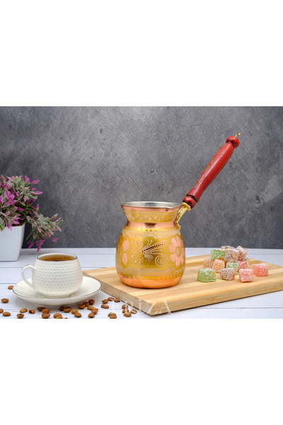 ERİZA Handmade Embroidered Pewter Thick Copper Coffee Pot for 6-7 People