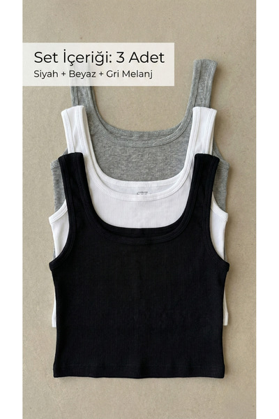 underwear bodyway 3’lü Yarım Atlet Crop Seti – Siyah Beyaz Gri Melanj, Fitilli