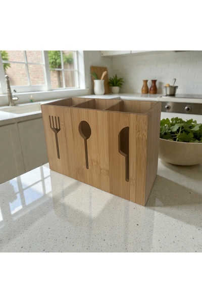 BUENOS Bamboo 3-Compartment Cutlery Holder Countertop Organizer Fork Spoon Kn...