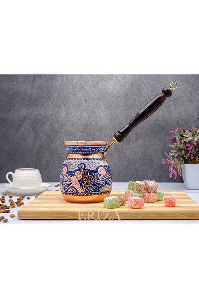 ERİZA Handmade Embroidered Pewter Thick Copper Coffee Pot for 4-5 People