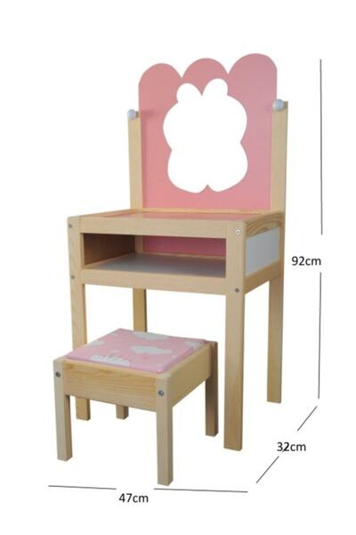 Masal Oyuncak Ahşap Makyaj Masası Gerçek Aynalı Aksesuarlı + Sürülebilir Maky...