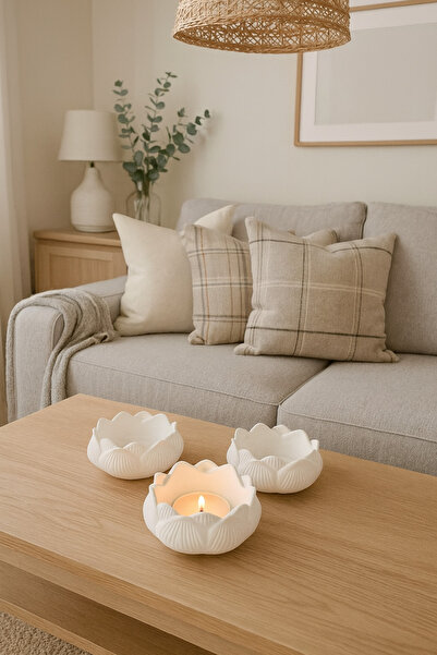 Zigzag Home Dekoratif 3 Parça Lotus Mumluk , Tealight Mumluk Seti, Beyaz Renk...