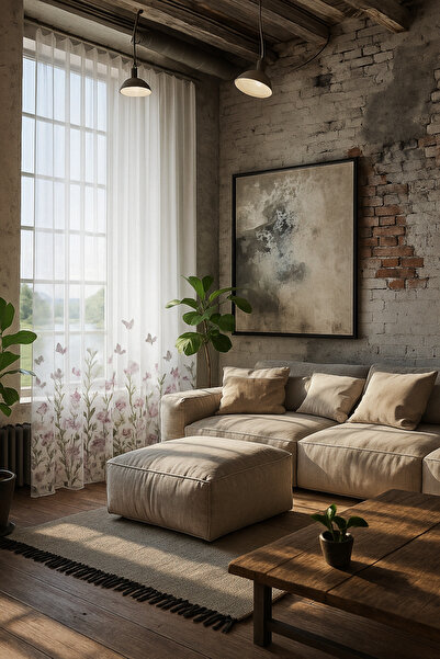 Alacastore Dokuma Şeffaf Çiçek Baskılı Tül Perde