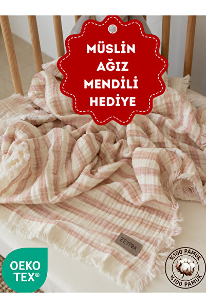 ZEYPBA شريط وردي مخطط من الموسلين ذو 4 طبقات مع شراشيب، مقاس 110x110 سم