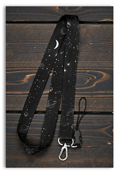 Mia Aurora Galaksi Uzay Desenli Siyah Boyun Askı İpi Telefon Anahtarlık Kimli...