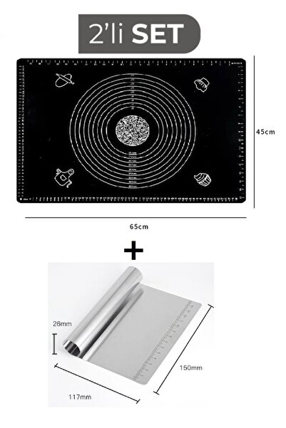 ZUZU MADE Siyah Büyük Boy Silikon Hamur Açma Matı 45 Cm X 65 Cm ve Ölçülü Çel...