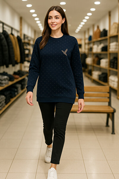 MİRA BUTİK Modal Fabric Navy Blue Stone Detailed Long Sleeve Tunic Comfortabl...