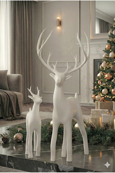 incidesign Ikili Dekoratif Geyik Biblo Obje Sedefli Inci Beyazı