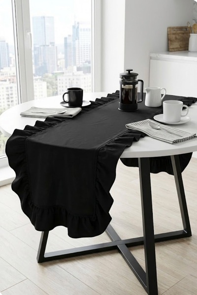 Morlay Runner de in natural negru cu volane - 40x110 Cm