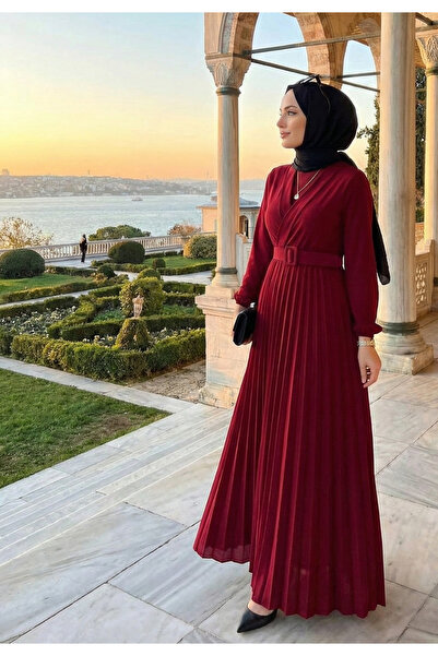 modamira Kadın Sandy Bordo Önü Kruvaze Detaylı Eteği Piliseli Kemerli Boydan ...