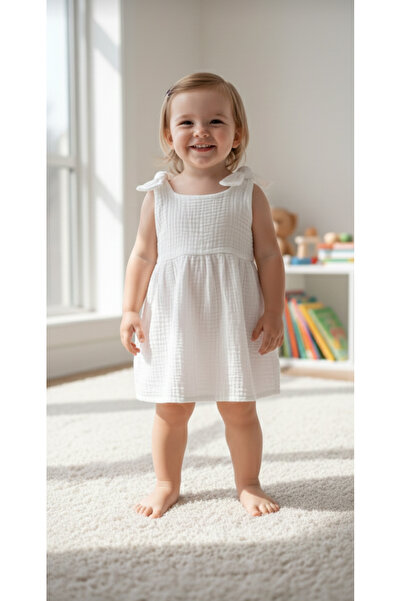 O&G Collection Kız Bebek / Çocuk %100 Pamuklu Sırt Düğme Detaylı Müslin Elbise