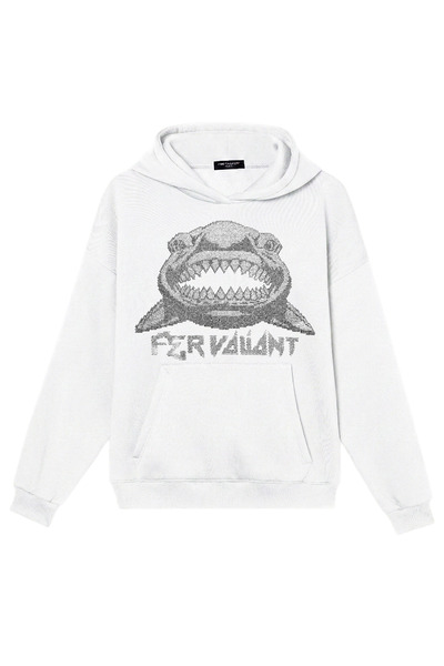 Fer Valiant سويت شيرت للجنسين من Shark Stone مطبوع قصة فضفاضة بغطاء رأس