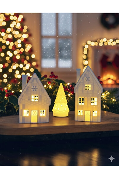 teknotrust Ev Dekor Seti Sevimli -Yılbaşı Süsü - Kış Evi - Noel Evi - 3 lü set - Mumlar Dahil - Yılbaşı ağacı
