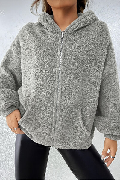 Actiwear Kadın Gri Kanguru Cepli Bağcıklı Kapüşonlu Peluş Sweatshirt Polar