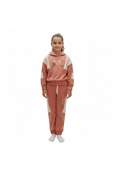 Escabel Girl's Cinnamon Colored Printed Fleece-Lined Hooded Tracksuit Set