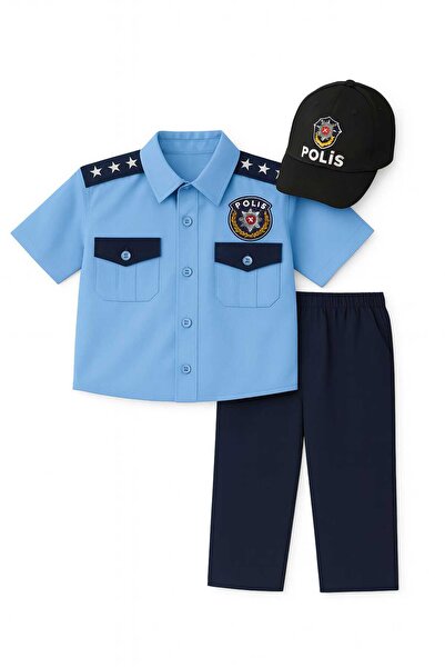Liyavera Unisex Kısa Kollu Mavi Türk Polis Kostümü Çocuk Kıyafeti