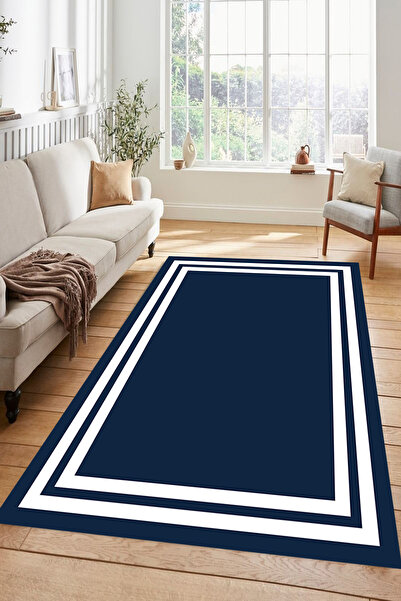 Kessy Home Studio Lacivert Beyaz Çizgili Modern Kaymaz Taban Salon Halısı Şık...