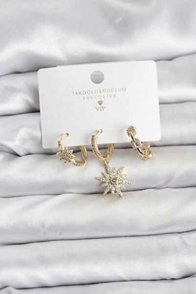 norsary Brass Gold Color Polar Star Model 3-Piece Women's Earring Set