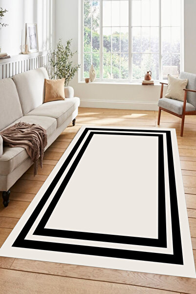 Kessy Home Studio Beyaz Siyah Çizgili Modern Kaymaz Taban Salon Halısı Şık Mi...
