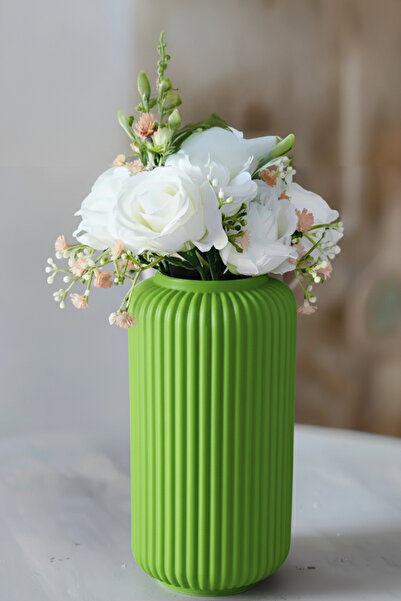 MEK مزهرية بلاستيكية حديثة مزخرفة بخطوط عمودية باللون الأخضر (20x11.5 سم)