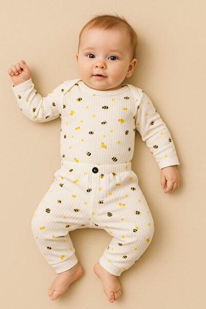 EFU BABY طقم أطفال للجنسين مكون من قطعتين بنقشة النحل مصنوع من القطن بنسبة 100%