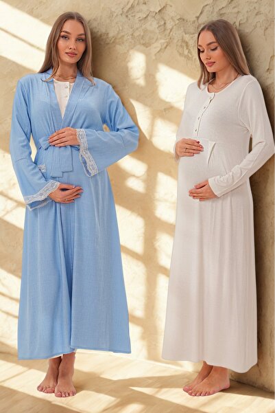 Lohusa Dünyasi Women's Linen Dressing Gown Full Length Flutter Sleeve Special Design Maternity Dressing Gown Nightgown Set