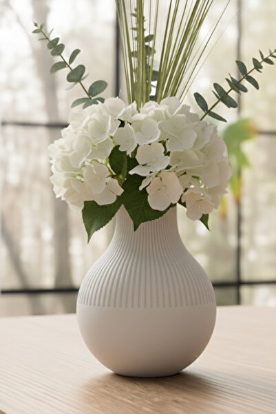 MEK Minimal Çizgili Zarif Tasarımlı Plastik Vazo Beyaz (20x16,5cm)