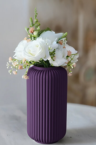 MEK مزهرية بلاستيكية حديثة للديكور مع خطوط عمودية باللون الأرجواني (20×11.5 سم)