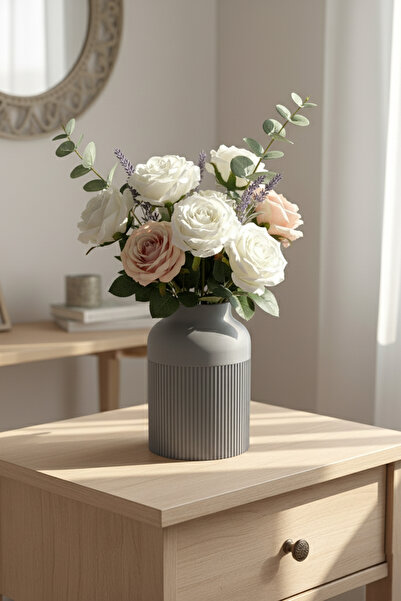 MEK مزهرية بلاستيكية بتصميم مخطط حديث باللون الرمادي (21×19 سم)