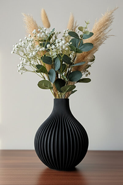 MEK Vază decorativă din plastic cu dungi verticale neagră (18x14cm)